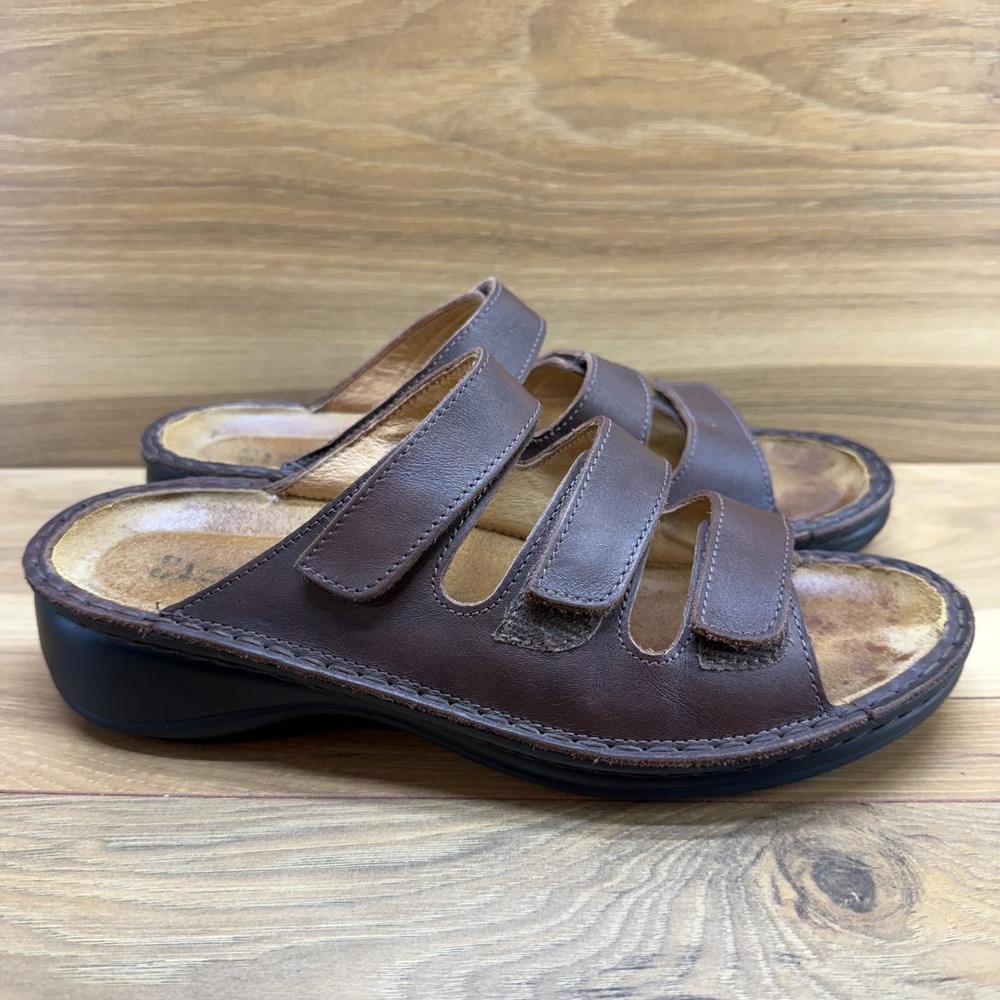 NAOT Three Strap Slide Sandals Womens 9 EU 40 Brown Leather Wedge Walk Comfort